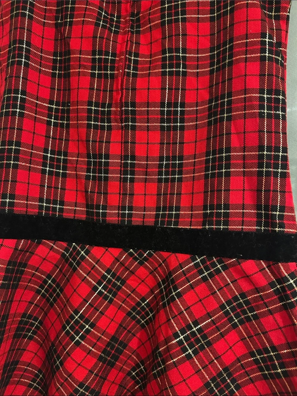 Basic Editions Red Black Plaid Sleeveless Holiday Dress with Velvet Bow
